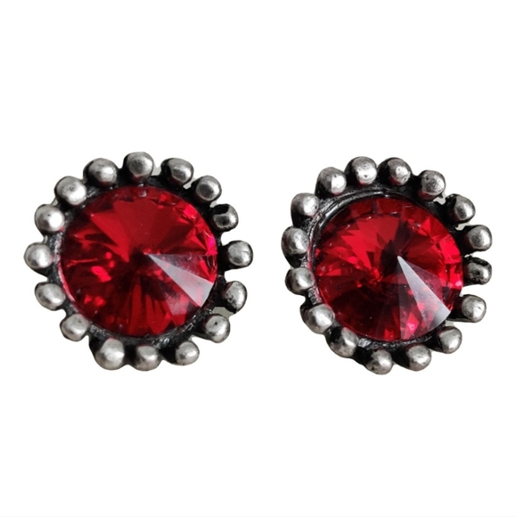 Designer Red Rivoli Glass Earrings Signed Avant Garde - Picture 16 of 16